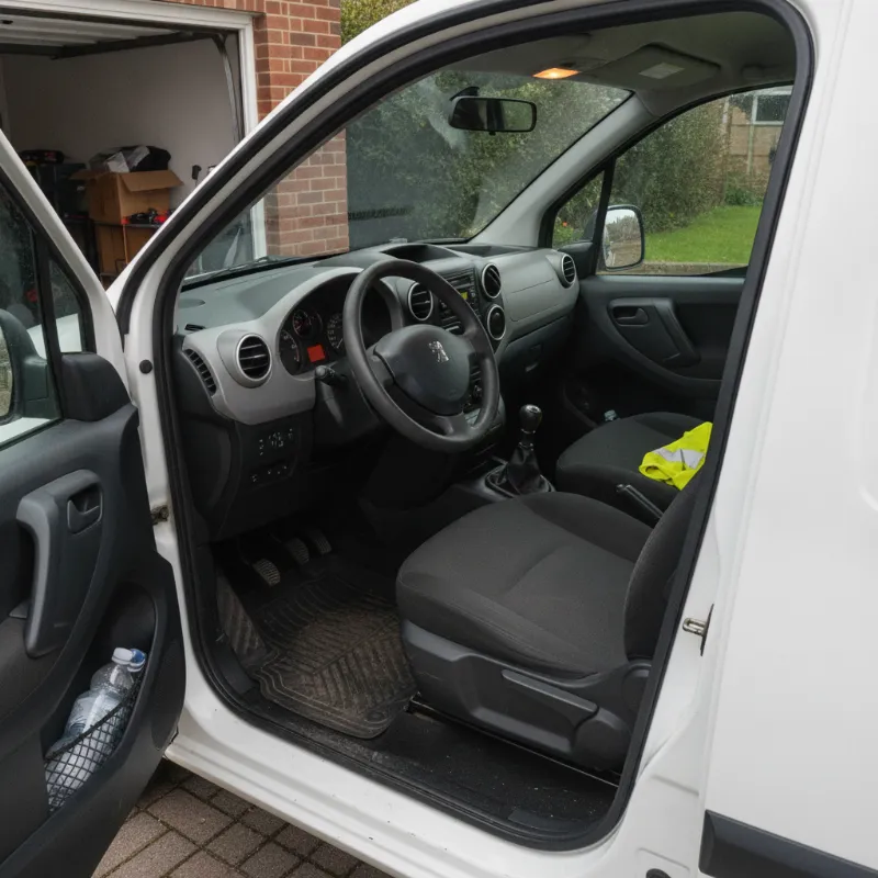 The front cab interior of a small panel van, showing the driver and passenger seats