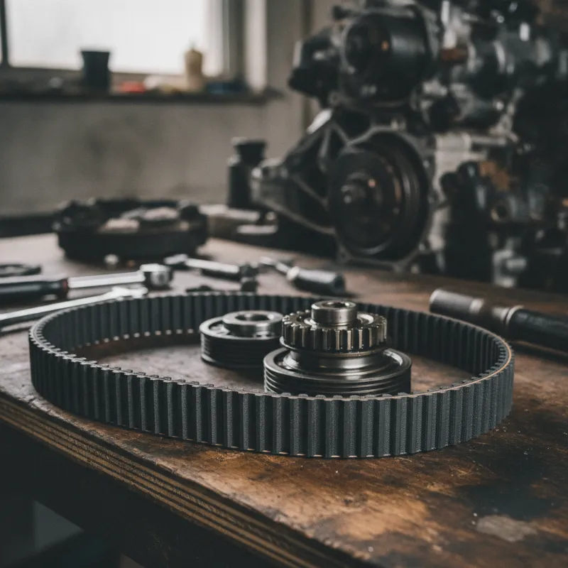 A close-up of a toothed timing belt on a workbench