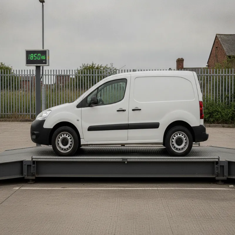 A small van being weighed on a weighbridge, with a digital weight display visible