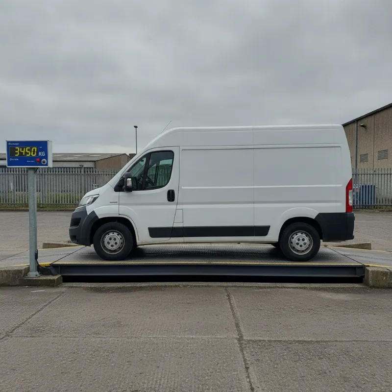 A large panel van being weighed on a weighbridge, with a digital weight display visible