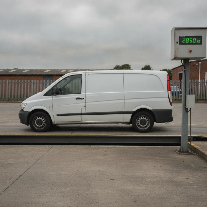 A van being weighed on a weighbridge, with a digital weight display visible