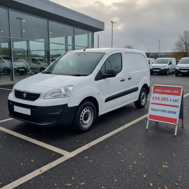 A Peugeot Partner small van on a dealership forecourt