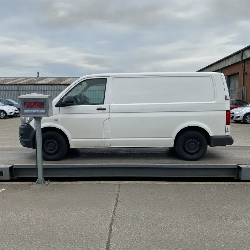 A van being weighed on a weighbridge, with a digital weight display visible