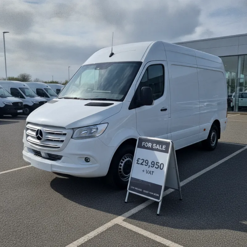 A Mercedes Sprinter large panel van on a dealership forecourt