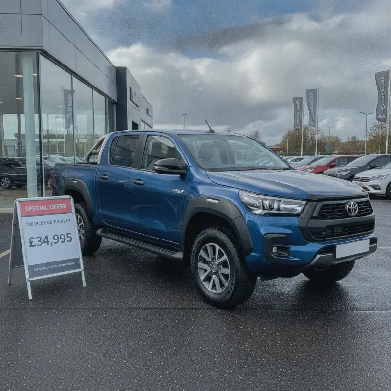 A new Toyota Hilux double cab pickup on a dealership forecourt