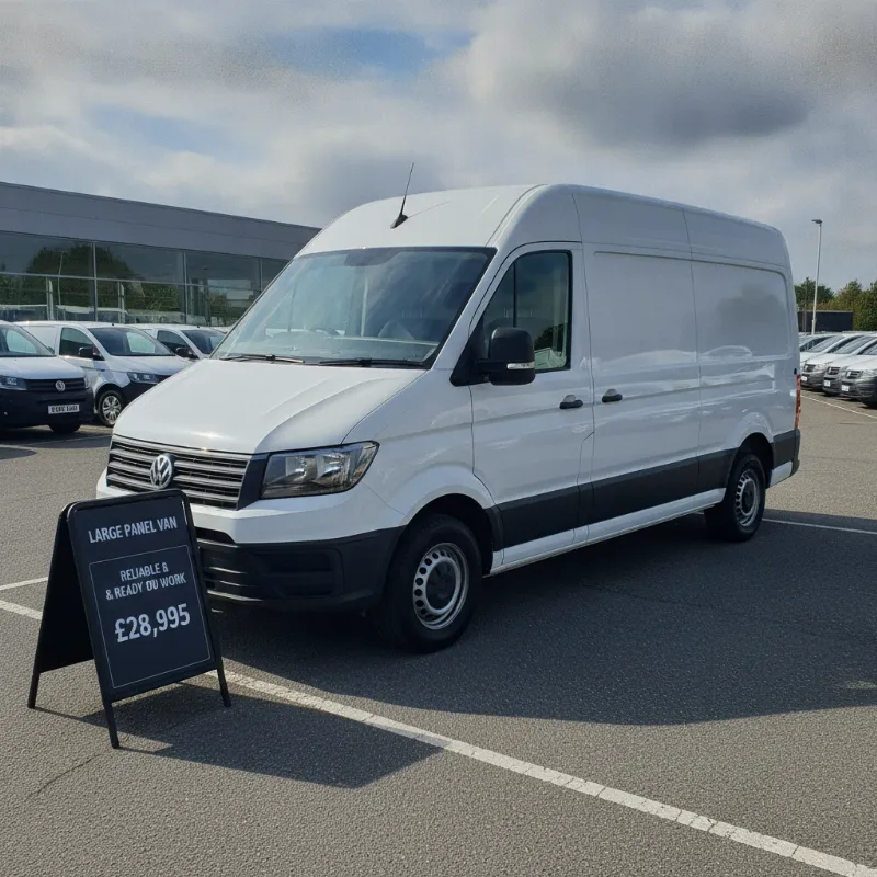 A Volkswagen Crafter large panel van on a dealership forecourt