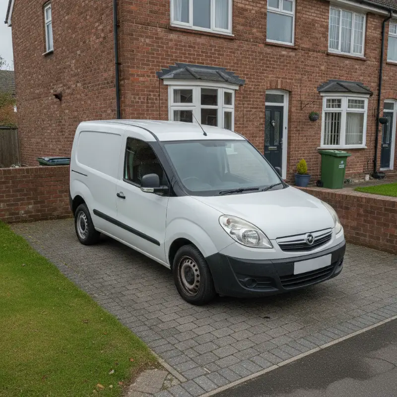 A Vauxhall Combo small van parked on a driveway in front of a UK terraced house