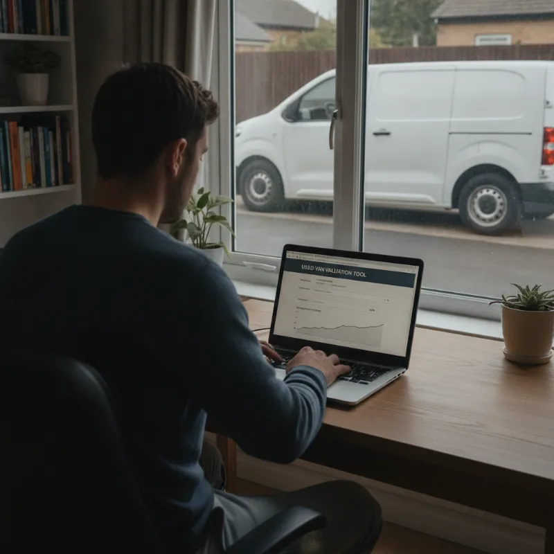 A person checking a used van valuation on a laptop