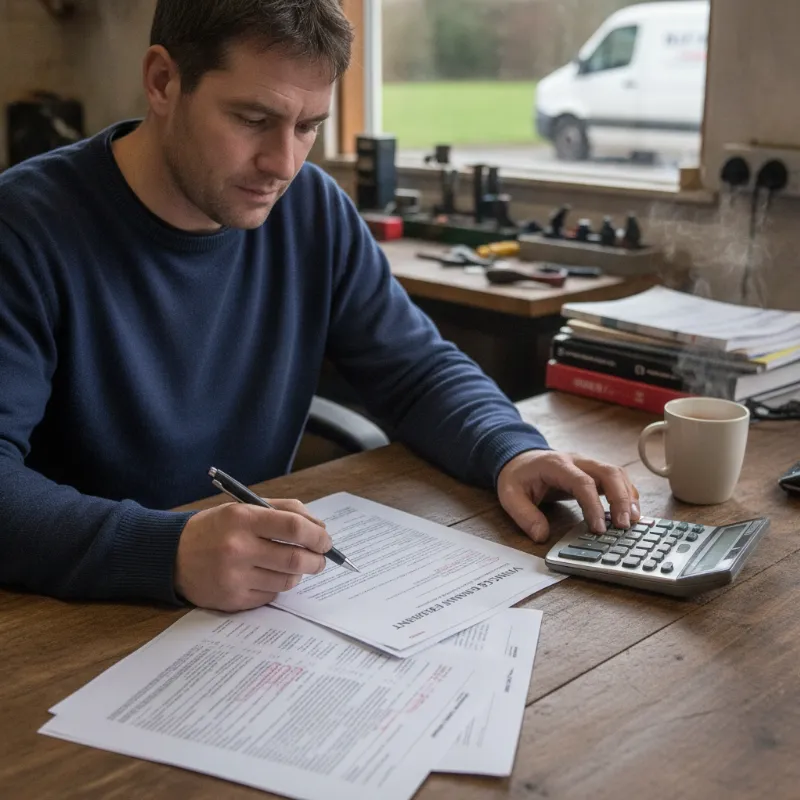 A person reviewing a vehicle finance agreement at a desk