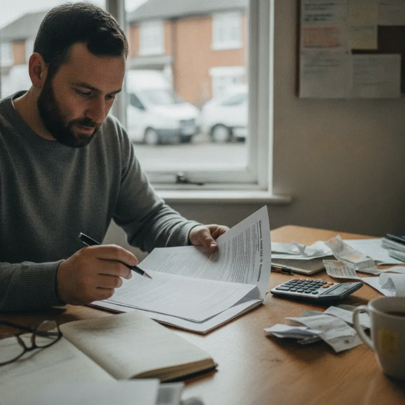A person reviewing a vehicle lease agreement at a desk