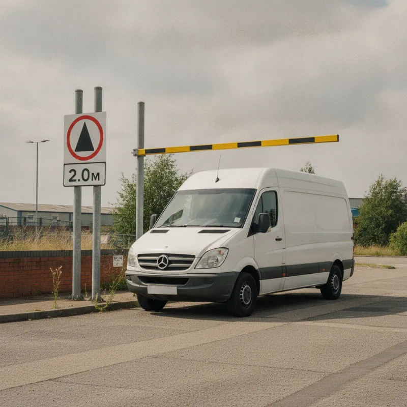 A high-roof Mercedes Sprinter van parked beside a height-restriction barrier