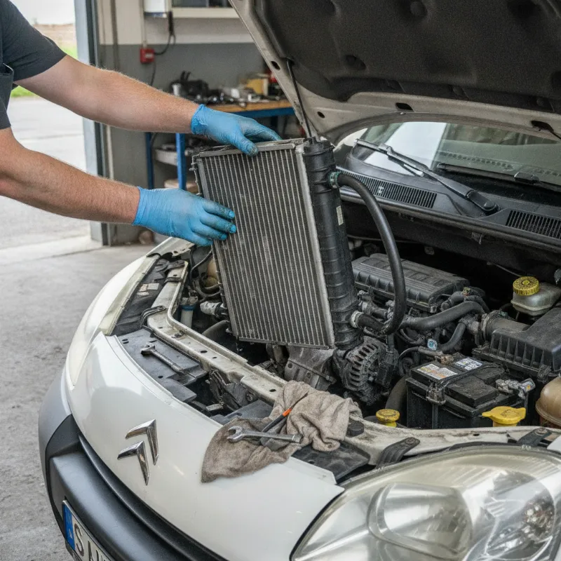 A mechanic removing a radiator from the front of a small van's engine bay