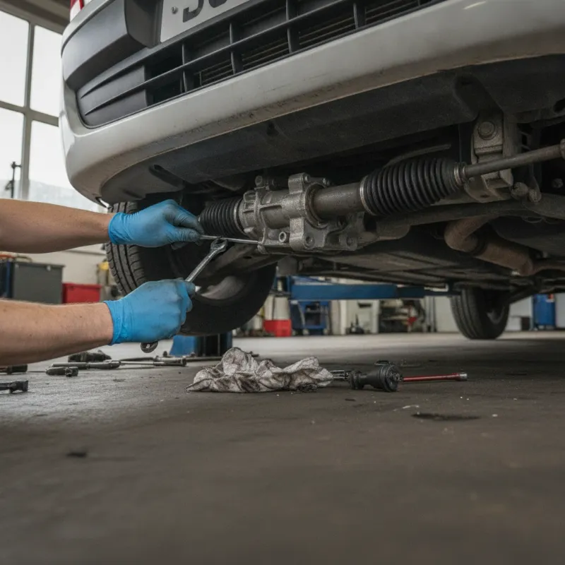 A mechanic working on a steering rack unit underneath a small van on a lift