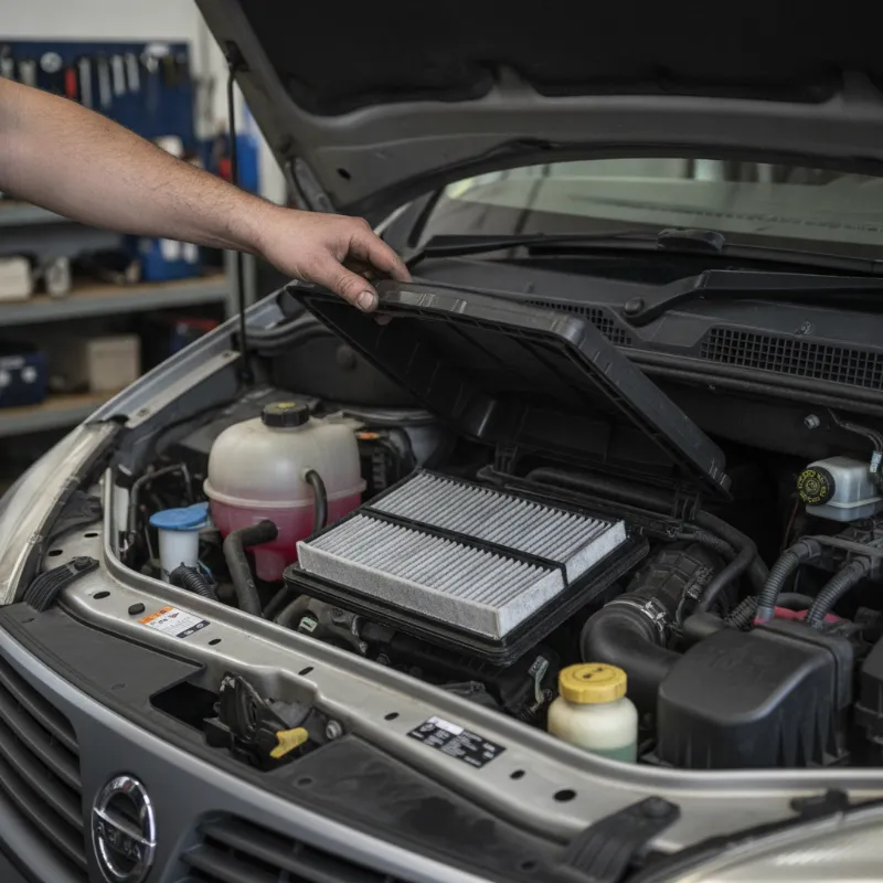 A mechanic lifting an air filter housing lid in a van's engine bay