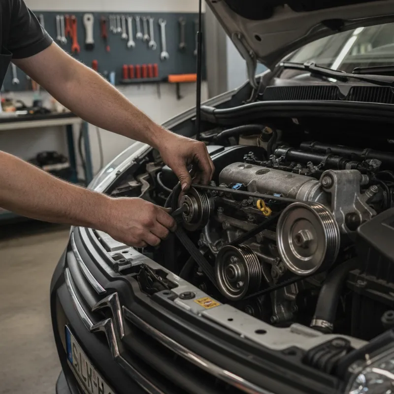 A mechanic routing an auxiliary belt around pulleys at the front of a diesel engine