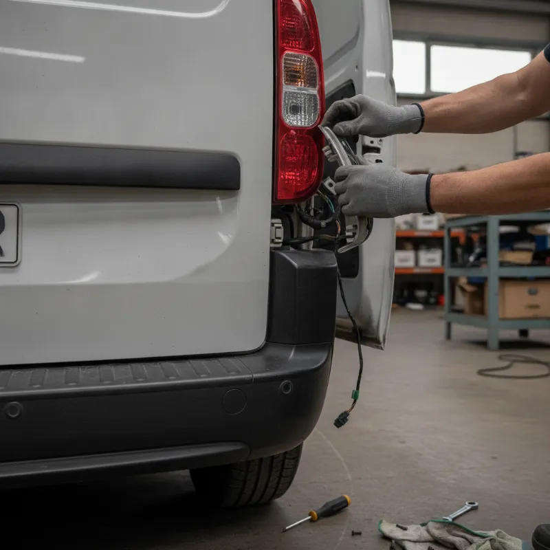 A mechanic removing a rear brake light cluster from the back of a small van