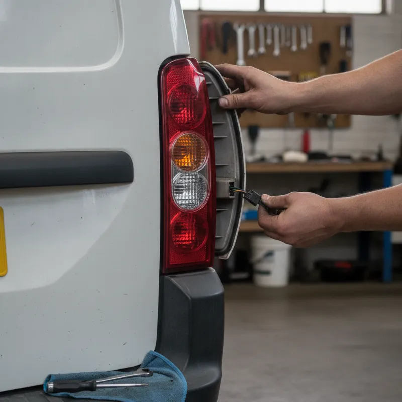 A mechanic removing a rear brake light cluster from the back of a small van