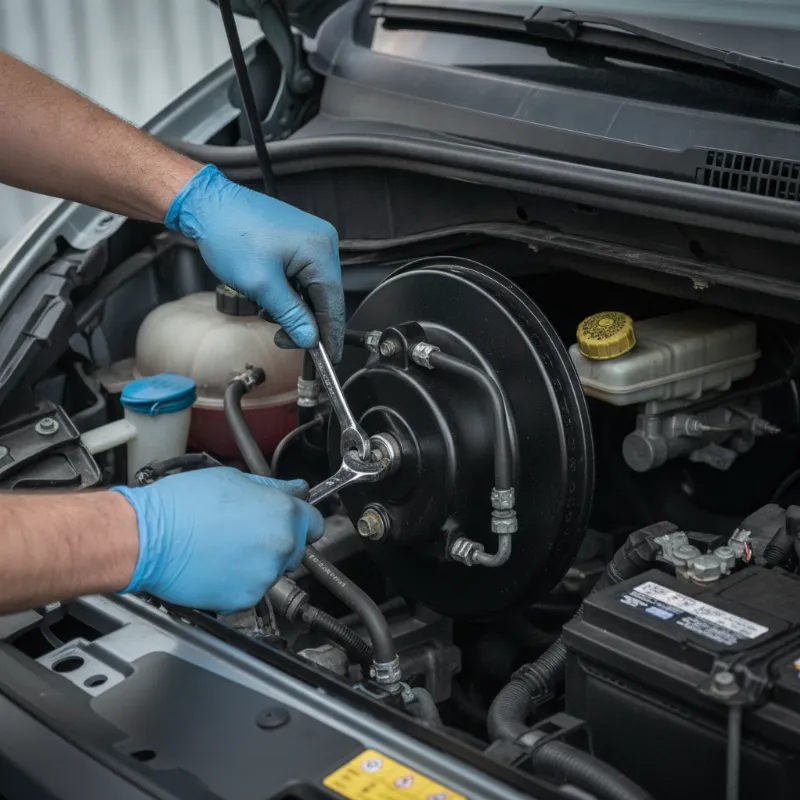 A mechanic working on a van's brake servo unit in the engine bay