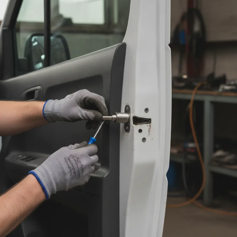 A mechanic replacing a door lock cylinder on a van's front door