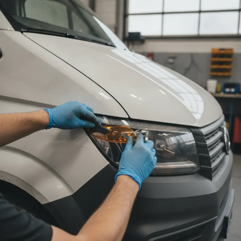 A mechanic removing an indicator lens from the front wing of a panel van