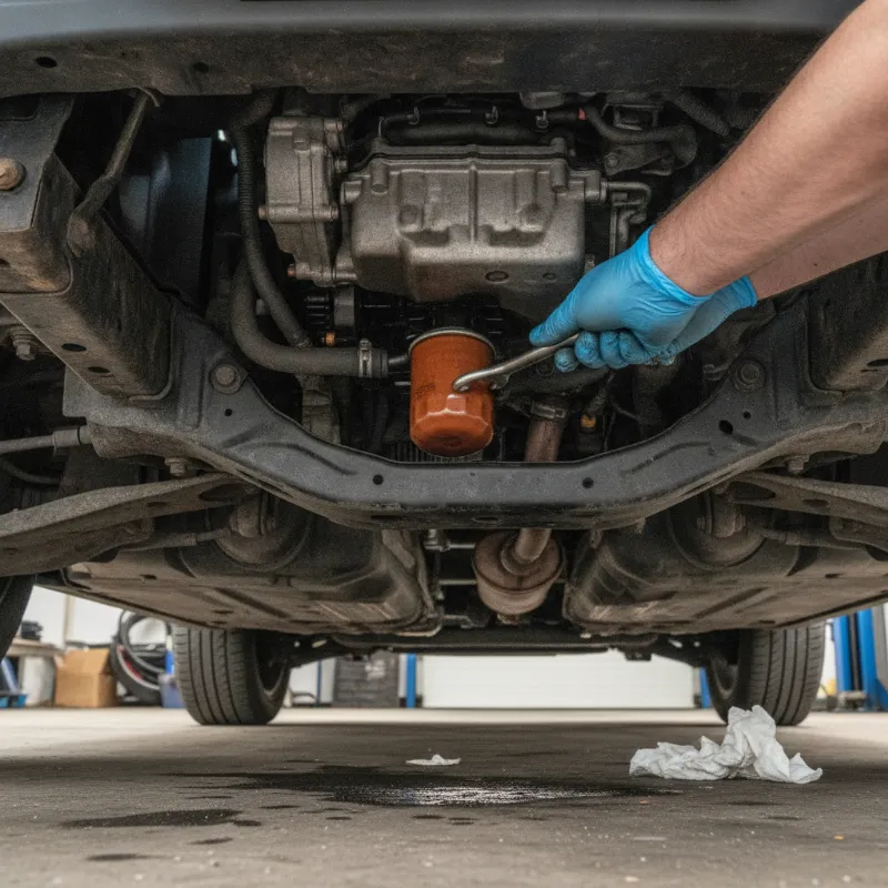 A mechanic unscrewing an oil filter from underneath a small van's engine