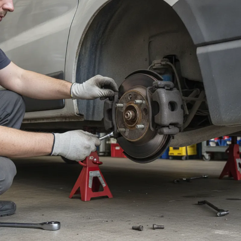 A mechanic removing a rear brake caliper and pad set from a van's wheel hub