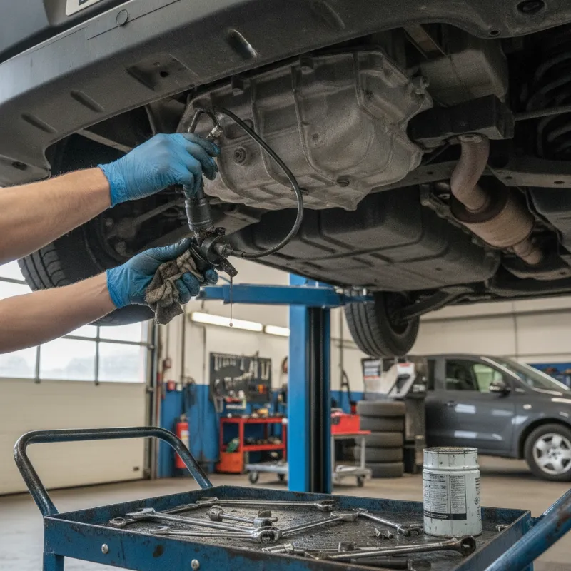 A mechanic working on a hydraulic clutch slave cylinder underneath a van on a lift