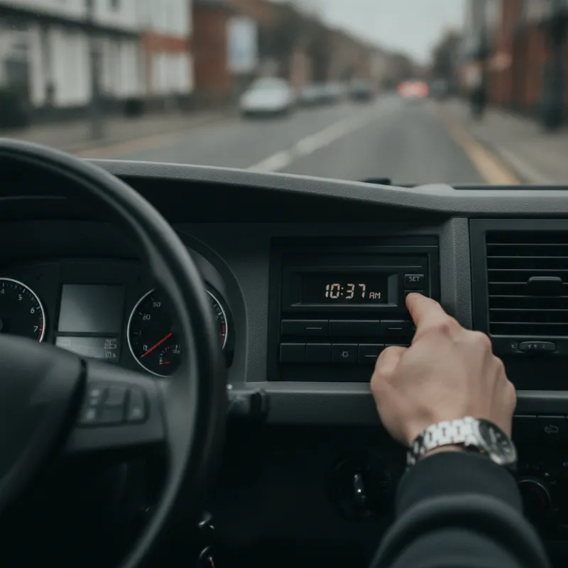 A close-up of a hand adjusting the digital clock on a van's dashboard