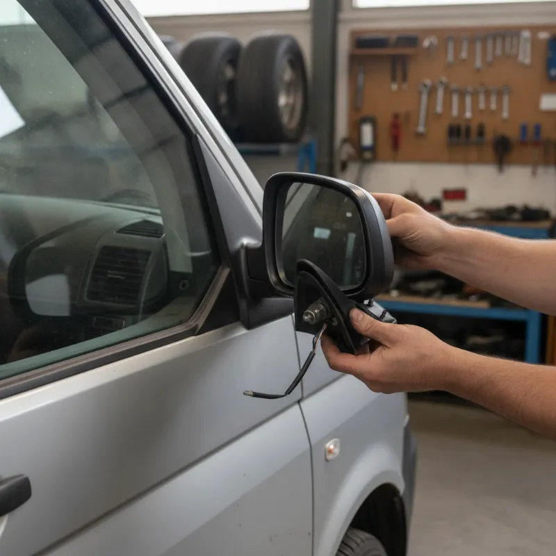A mechanic fitting a replacement wing mirror onto a van's front door