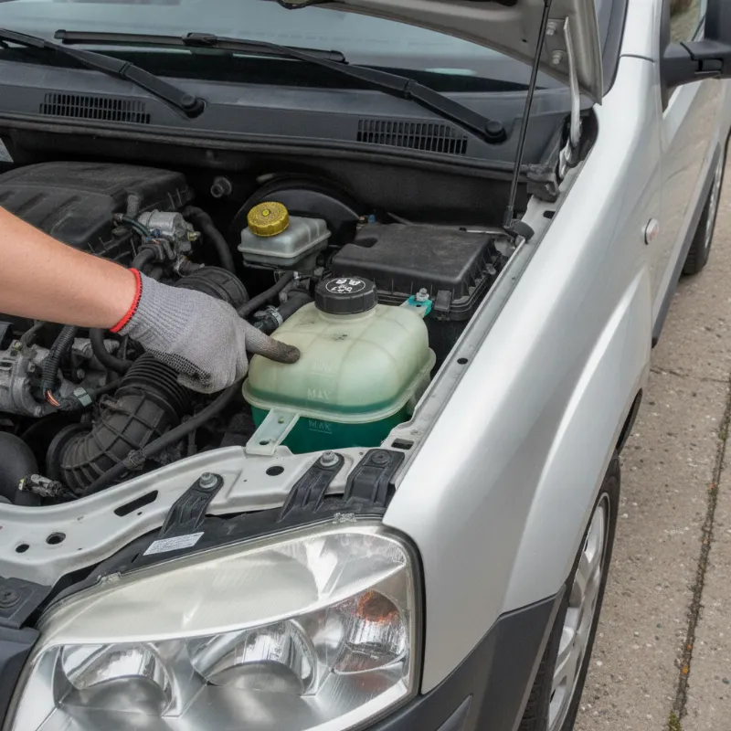 A hand checking the coolant level on a translucent expansion tank in a van engine bay