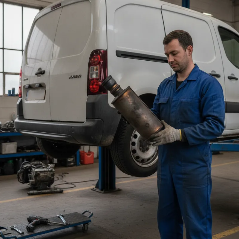 A mechanic holding a removed diesel particulate filter component