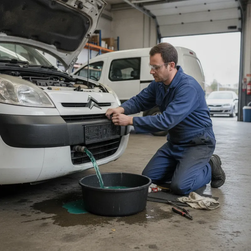 A mechanic draining coolant from a radiator into a catch pan underneath a van