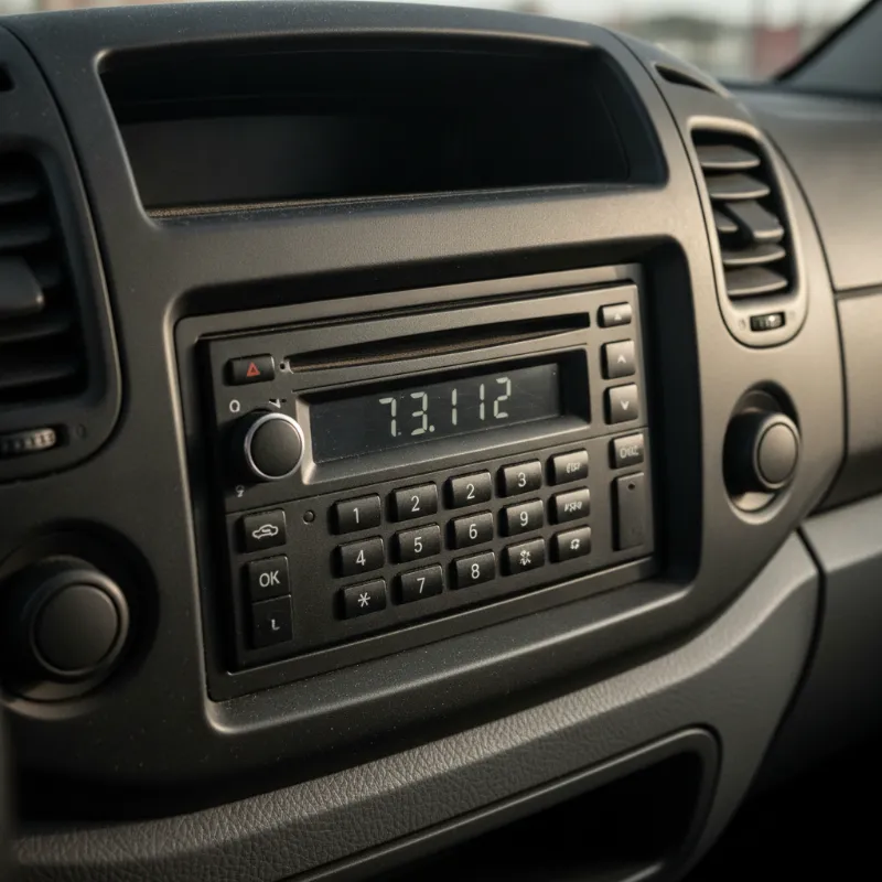 A close-up of a van dashboard radio unit showing a numeric keypad display