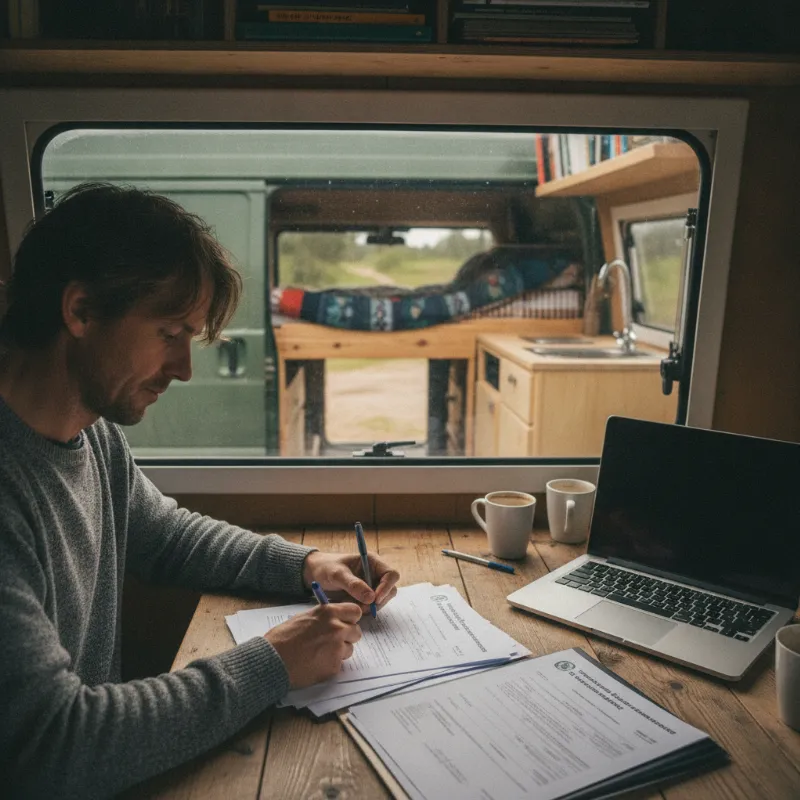 A person signing finance paperwork with a converted van visible outside