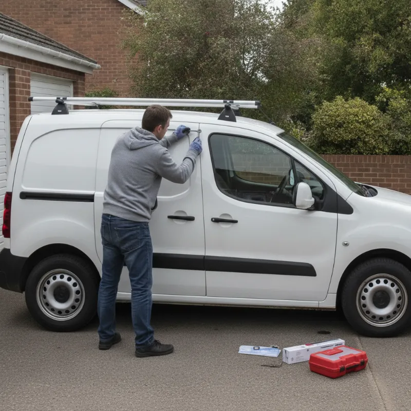 A person fitting roof bars onto the roof of a small panel van