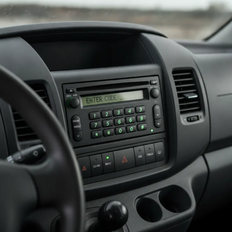 A close-up of a van dashboard radio unit showing a numeric keypad display