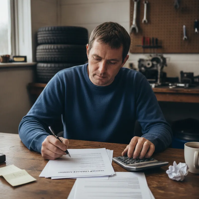 A person reviewing a vehicle finance agreement at a desk