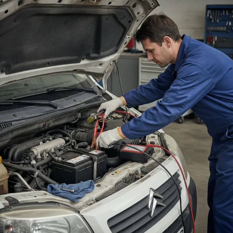A mechanic connecting jump leads to a van's battery terminals