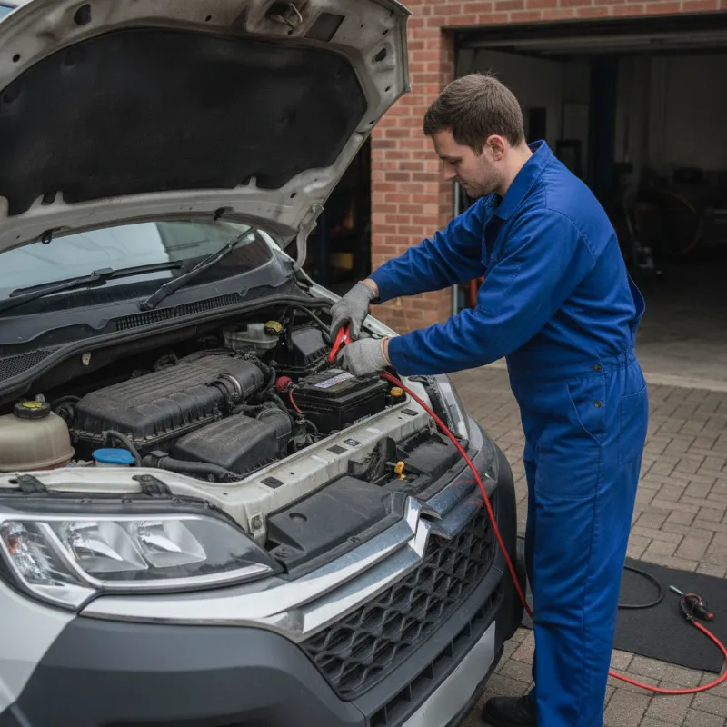 A mechanic connecting jump leads to a van's battery terminals