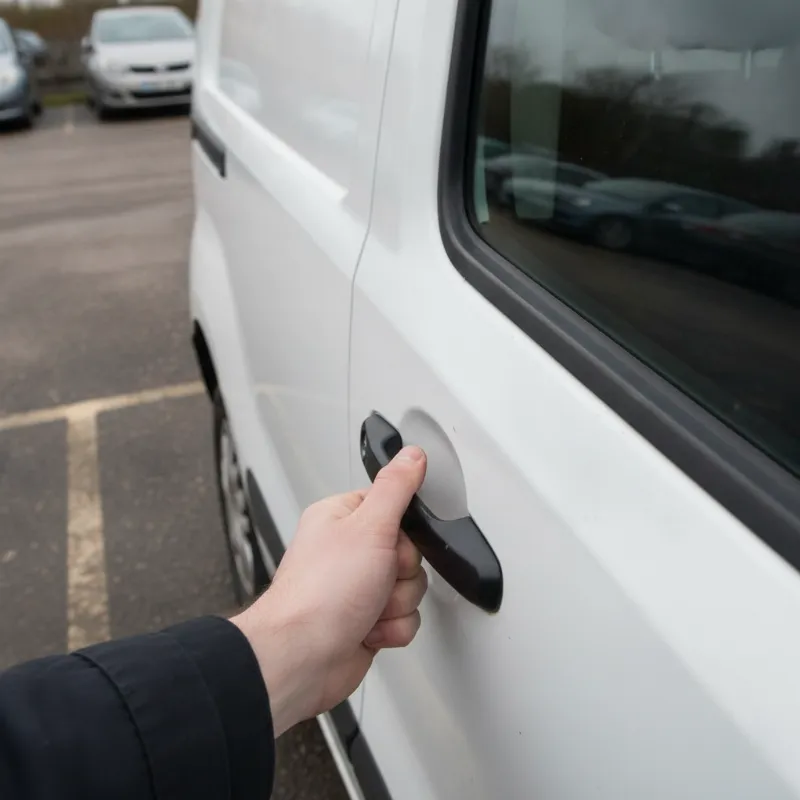 A close-up of a hand on a small van's door handle in a car park