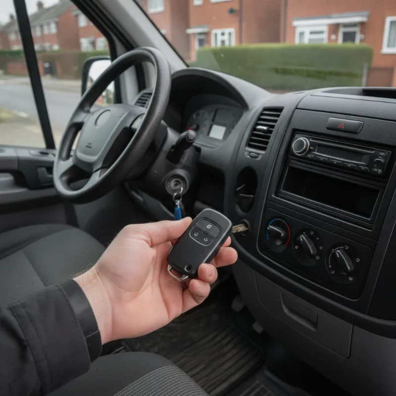 A hand holding a key fob near a van's steering column ignition