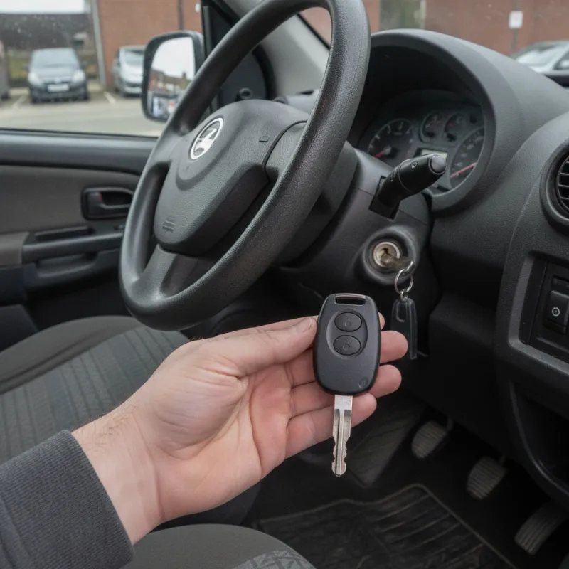 A hand holding a key fob near a van's steering column ignition