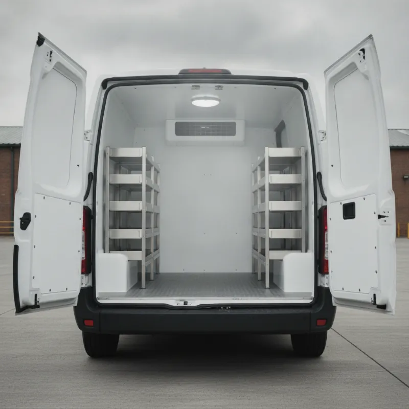The open rear of a refrigerated van, showing its insulated interior lining