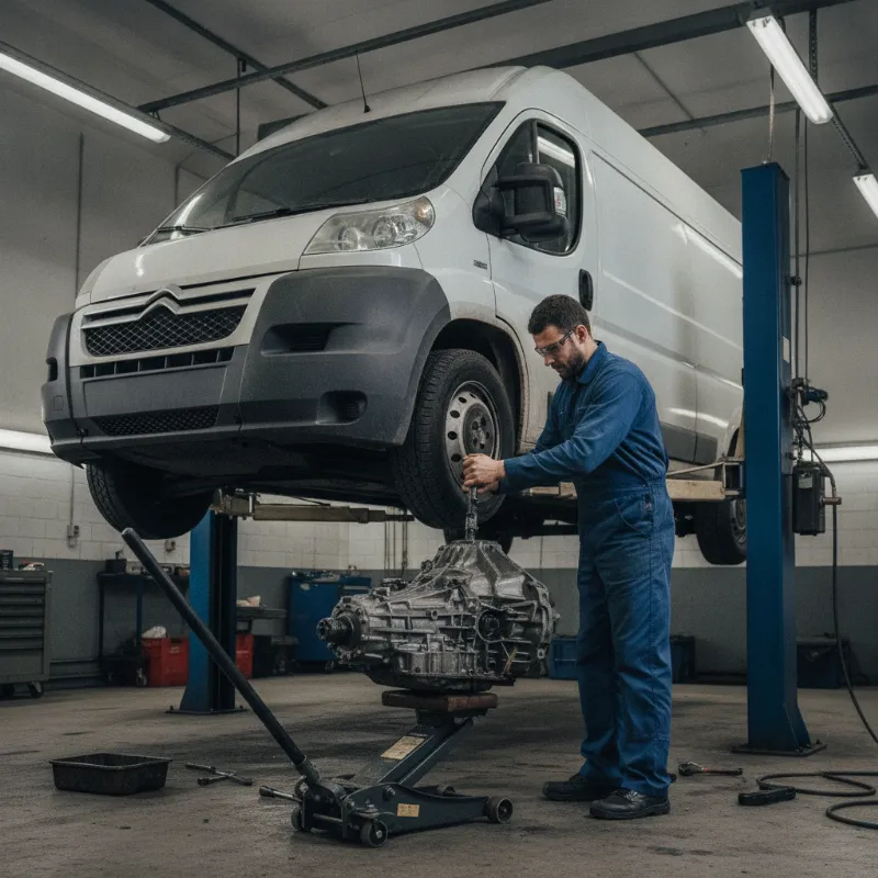 A mechanic using a transmission jack to lower a gearbox underneath a van on a lift