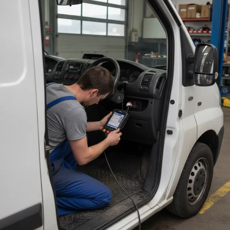 A mechanic using a diagnostic scanner plugged into a van's OBD port