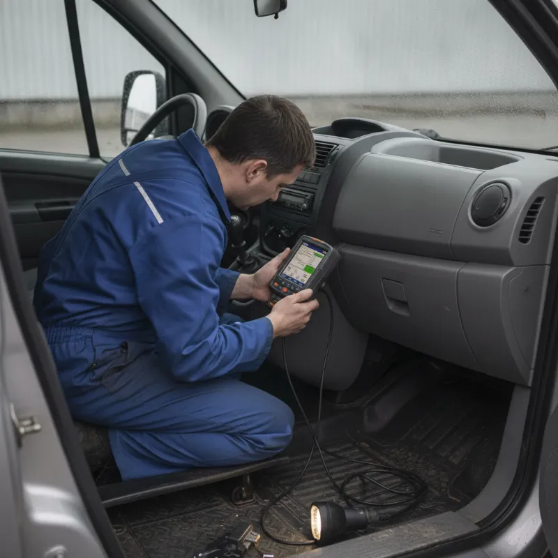 A mechanic using a diagnostic scanner plugged into a van's OBD port