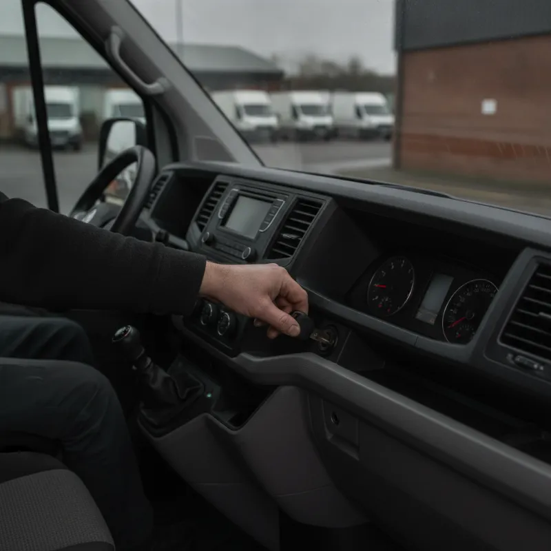 A driver's hand turning a key in a large panel van's ignition