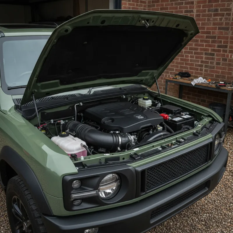 The open bonnet of an Ineos Grenadier 4x4, showing the engine bay