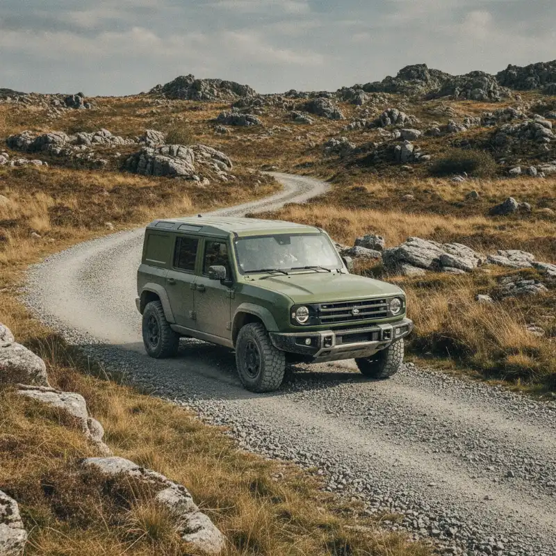 An Ineos Grenadier 4x4 driving on a rough gravel track through countryside