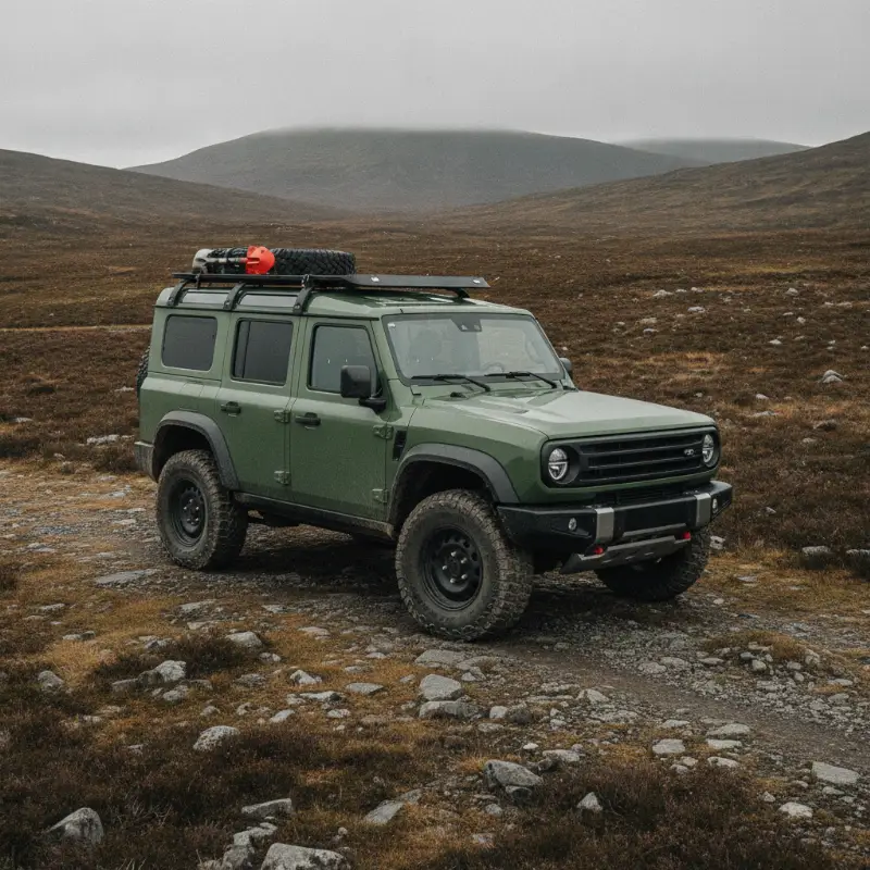 An Ineos Grenadier 4x4 parked on rugged terrain